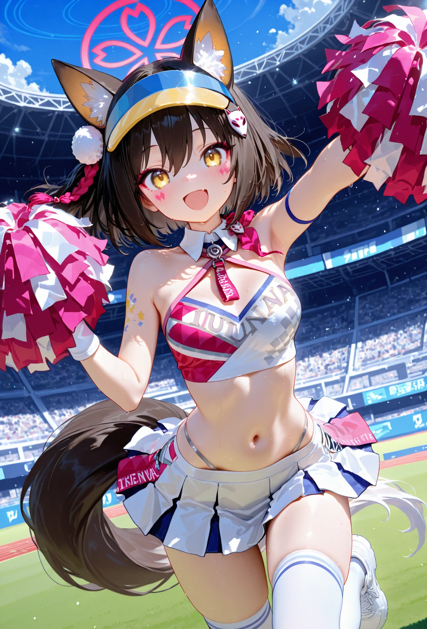 Ala Fed Asian cheerleader posing dynamically with large pom-poms in both hands in stadium、write、a closeup、cosplay foto、Anime Cosplay、tiny chest、Raw photography, top-quality, hight resolution, (masterpiece), (Photorealsitic:1.4), professional photograpy, foco nítido, nffsw, 8K分辨率, intricate detailes, depth of fields, the Extremely Detailed CG Unity 8K Wallpapers, front lit, girl with, beautiful supermodel, A smile、A slender、Mary Rose、Twin tail hair、Korean style uniform、Peeking from below、(skinny thigh)、White underwear is visible、Sun visor
