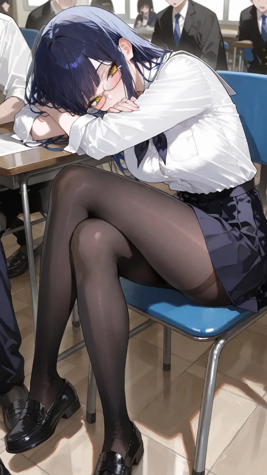 Teacher with male students, Sexy teacher sitting all the way up on top of her desk (side sitting with legs together), she sticks her pantyhose butt out of her short micro mini skirt, , tight button down silk blouse, ultra sheer high gloss back pantyhose, she places her hand on her butt and turns to look at camera, side view turning her upper half of body around to look at the camera seductively, long wavy dark hair with bangs, bangs hair, classroom, spoon sitting on her desk, tease upskirt, side sitting (((sitting on side of left hip grabbing her pantyhose covered butt and spreading pantyhose covers ass))), sexy pointed high Christian Louboutin heels (see the bottoms of her heels), (((she is surrounded by a group of young men that desire her, they standing close to her and around her desk partially cropped out of image))), ((( 3 male students are fondling and touching her body, the 3 houng handsome men want to fuck her on the desk at the same time))), (((boys are 16 years old))) teacher gang bang, UHD, ultra high res.photorealistic:1.4