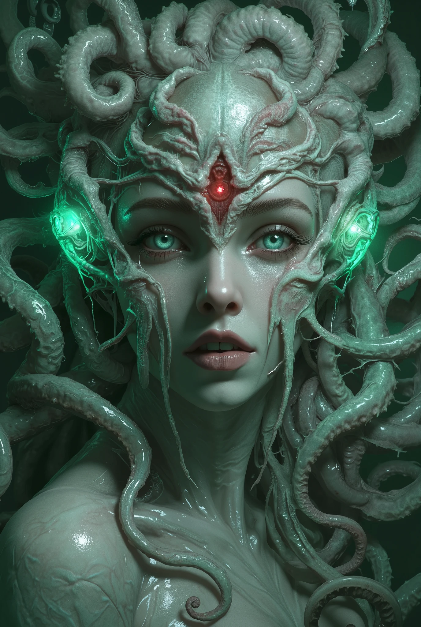 (A portrait of one beautiful and horrable female alien who is a teenager:1.4), ((There is a female genital-like organ in the middle of her forehead:1.8)), (realistic face:1.2), Hyper-realistic crystal clear skin, she is so sleepy, (Numerous award-winning masterpieces, with incredible detail, textures and maximum detail), midnight aura, unreal engine 5, Ultra Sharp Focus, midnight aura, unreal engine 5, Ultra Sharp Focus, (art by Amano Yoshitaka:1.5), ArtGerm, Roisch, intricate artwork, ultra realistic realism, high resolution, High freshness, drawing faithfully, official art, Unity 8K Wall paper, ultra detailed artistic photography, dream-like, Creation of fantasy, dream Snail, (biopunk nautilus:1.3),Thrilling color schemes, Amazing mutation, well-proportioned body, goddess of the deep sea, fractal, Geometric pattern, impossible figures, (a lot of crystal clear white tentacles with luminescent organs:1.4), subtle emerald green accents, (smiling seductively:1.3),(She has the most beautiful face in the history of the universe:1.5), (she is looking down at viewers with glowing red eyes with no pupils:1.3), an evil gaze that seduces, cinematic lighting, (no makeup:1.3), (Vampire-like long canine teeth can be glimpsed through the gap between the cute lips:1.5), in the hall of the palace, Sweet breath is exhaling from beautiful lips, ecstatic expression, she has numerous translucent tentacles from her head like hair