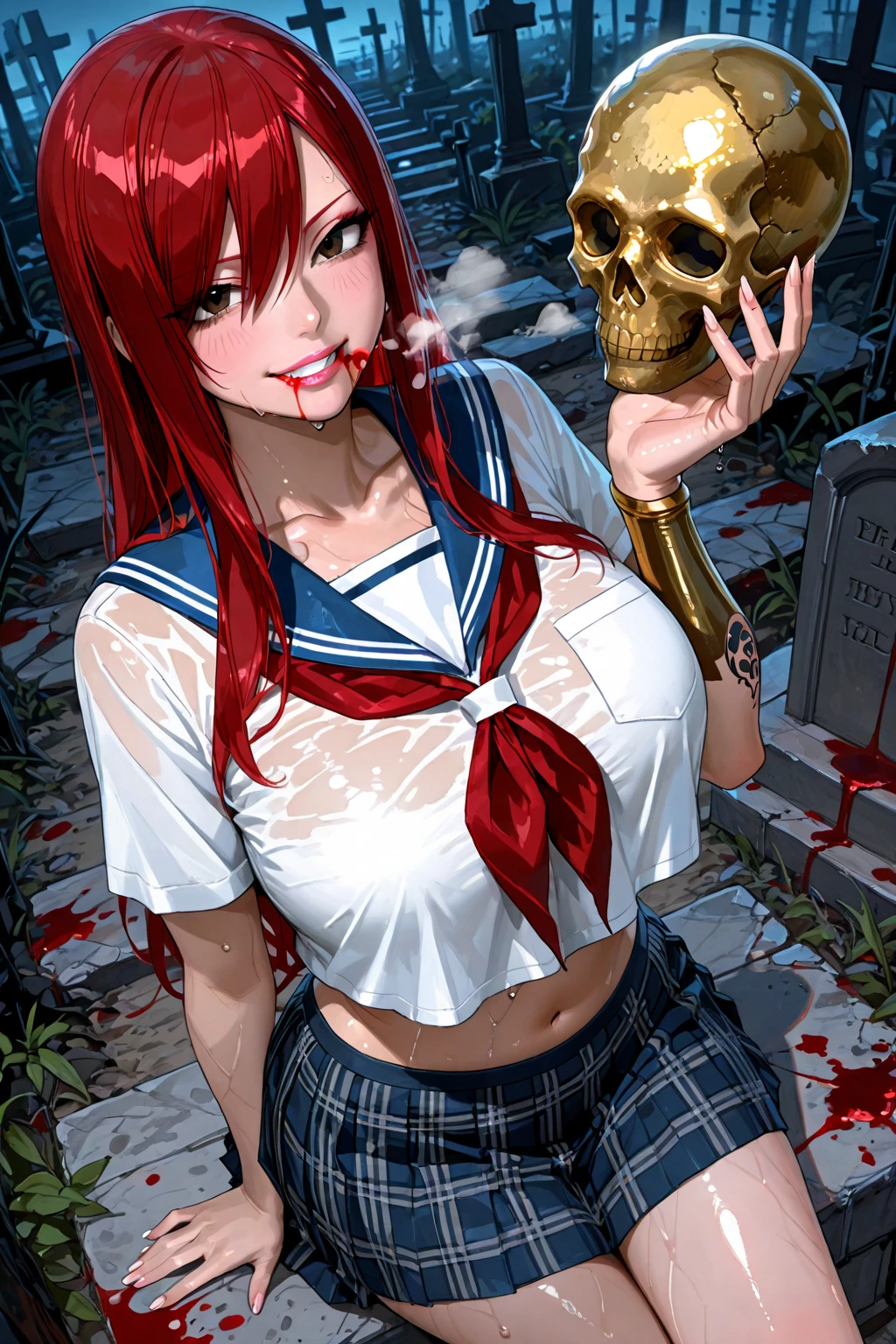 Realistic and detailed image of a zombie elf. Dressed in torn school uniform and ripped pleated mini skirt. Unusually shiny long silky scarlet red hair. Green eyes. She has earrings and long eyelashes. Has full lips. Large breasts, slim waist, very wide hips and thick thighs. Dark smile. Back arched. Dark mood. Foggy night, Halloween. crawling. Cemetery.