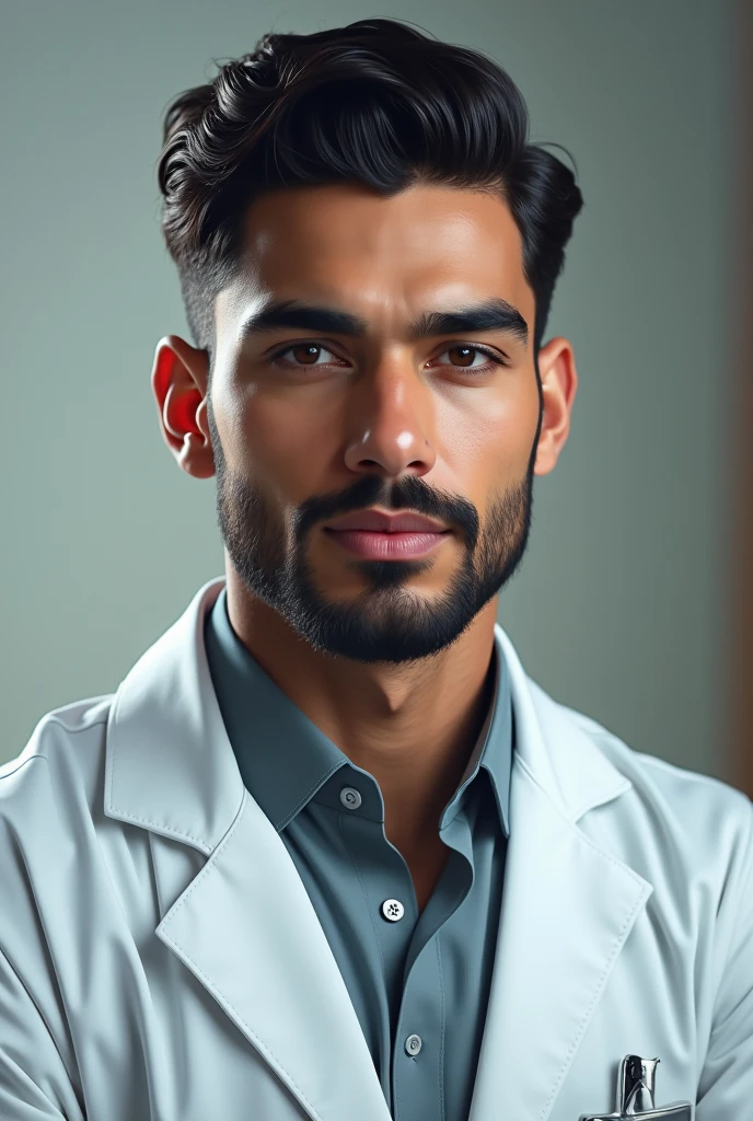 masterpiece, best quality, high resolution, closeup portrait, male focus, solo focus, A man, with doctor clothes, bare chest, body hair, facial hair, goatee, messy short hair, very hairy body , skinny , in the background a doctor office, amazing composition, front view, HDR, ultra quality, elegant, highly detailed, seductive smirk, dominant pose