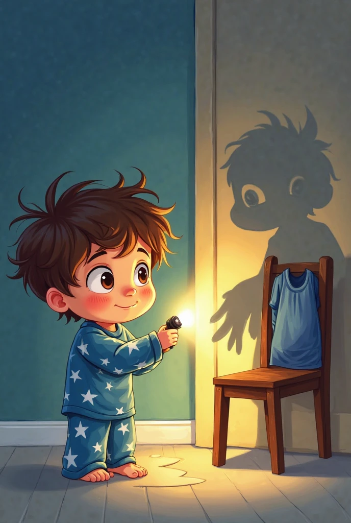 child in his room holding an imaginary object with his hands. But his hands are empty he is pointing the toy at the wall. as if it were a projector. he looks happy.