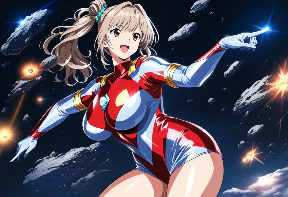 (masterpiece:1.2,Highest quality,Highest quality,High resolution,Very detailed),8k,1 female,Mature female heroine,40 years old,Woman transforming into Ultraman, (Dynamic Makeover:1.2),(Dynamic hair movement:1.2),(short hair),(Shiny Ultraman uniform),(Glowing Skin,Big eyes,Droopy eyes,Long eyelashes,Beautiful thighs,Beautiful Hair,Beautiful Face,Beautiful Eyes,Beautiful body,Beautiful breasts,Beautiful feet,Beautiful fingers),break((Ultraman)),((Ultraman_rise:1.5)),((hand)),(Raise your right fist straight up),(右handはパンチ),(Extend your right arm straight),((Detailed drawing of a fist),(Severe),(The background is a glowing prism flash),((Wrapped in dazzling light)),((Beautiful trading cards,Gold Card))