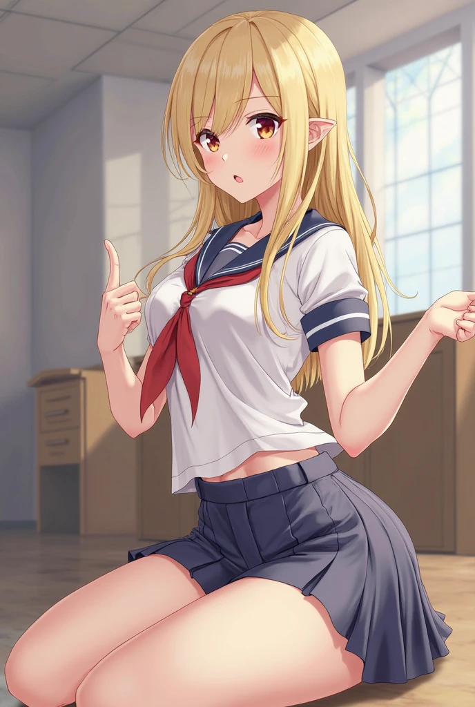 young Japanese girl, loli, gyaru, student, white sports bra, blue mini skirt, white high socks, petite body, slim, flat breasts, thick legs, slim waist, school gym, sweaty body, cinematic lighting