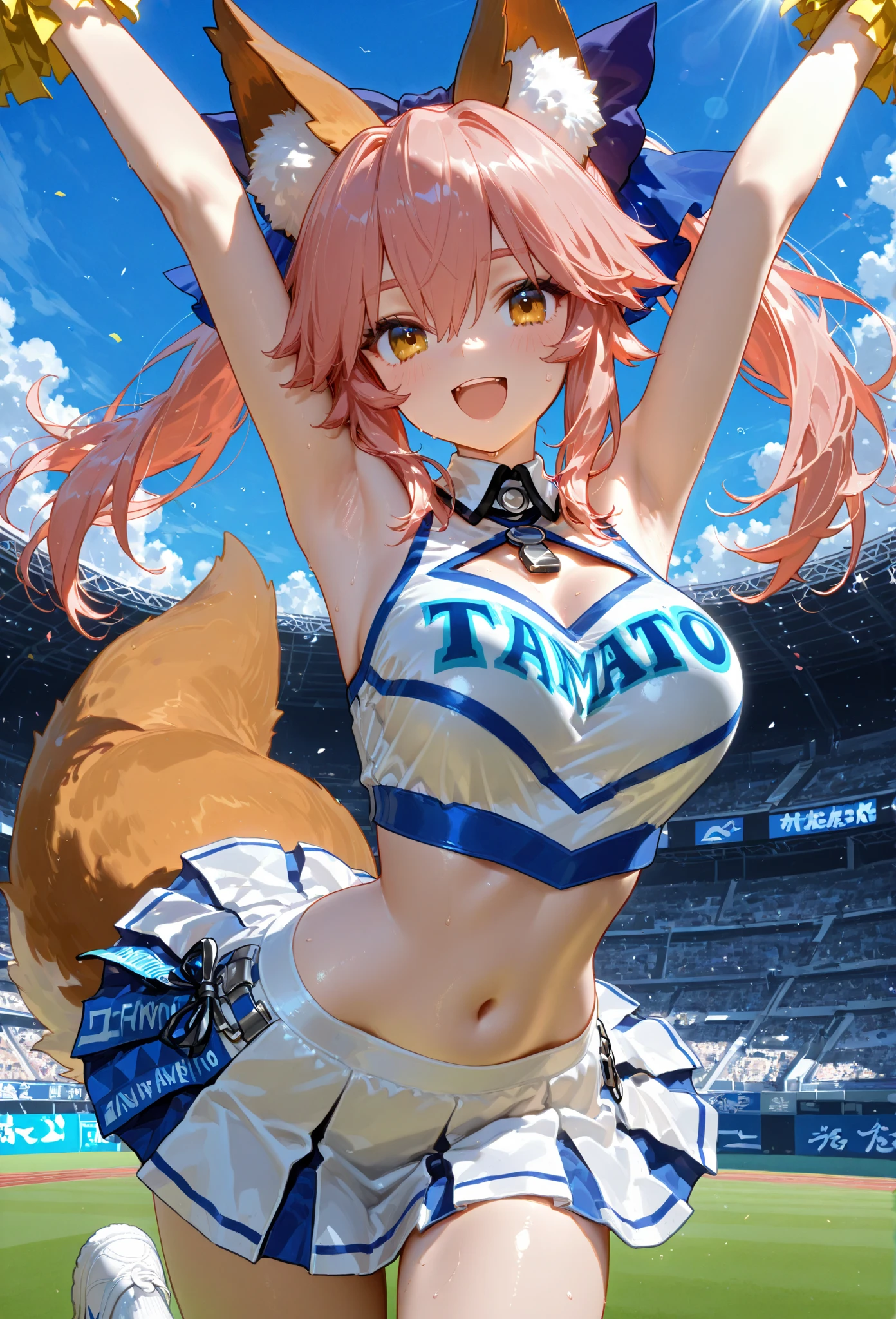 RAW Photos, Highest quality, High resolution, Very detailed、 8K image quality、、Nipples are visible、A friendly duo、Stadium、Yellow gym suit、Floating in the air、Jump