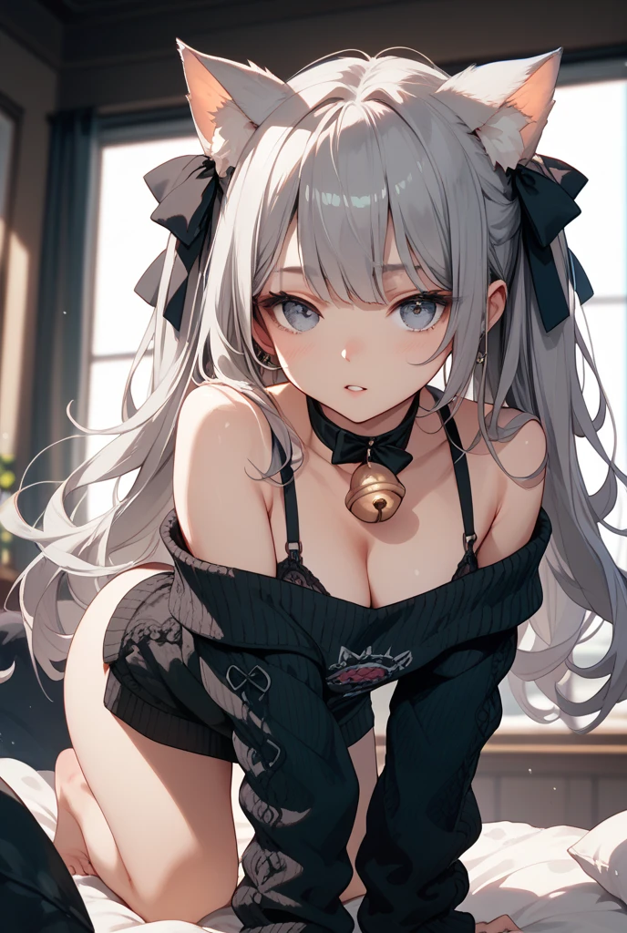 1 white-haired girl, double V, breasts, outdoor, alley, happy, kneeling, from above, looking at the audience, after, cum in mouth, high face, flat chest, loli, thighs, black stockings, shyness --auto --s2