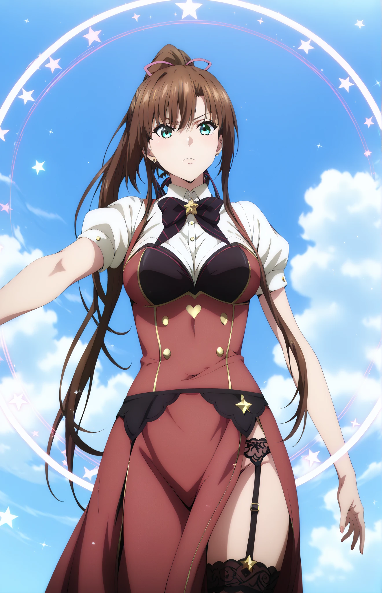 (best quality, master-piece:1.2), long brown hair, purple eyes, (ultra-detailed eyes), outdoors, beautiful, Shidou Irina, medium breasts, standing, ((cowboy shot)), close-up, perfect anatomy, (sleeveless), (healthy skin), cinematic lighting, detailed face, expressive face.