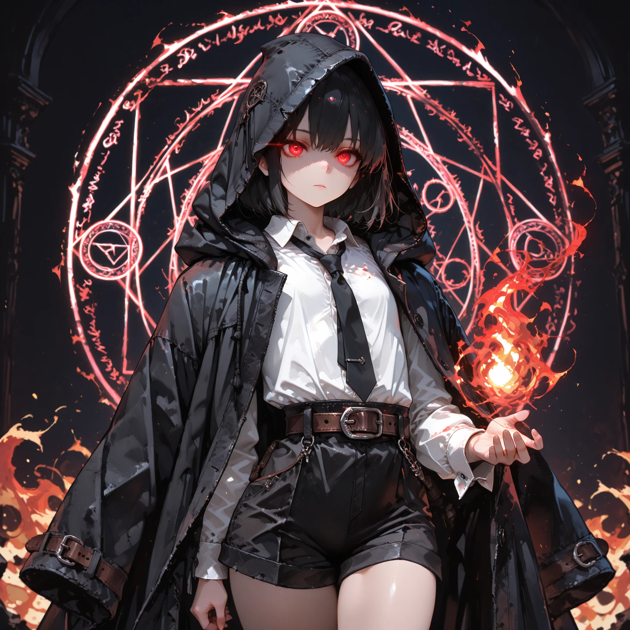 ((Best Quality)), ((masterpieces)), (detailed), perfect face, SOLO, ((((femboy)))), tomgirl, ANIME, beautiful detailed eyes, BOB hair, BOBed hair, BLACK hair, RED EYES, expressionless, hooded, Magical Eyes, dark background, ((BLACK HOODED coat draped over shoulders)), ((flat chest)), magic circle, Fire magic, ((HOODED coat )), ((hooded head)), Belt with buckle, dress shirt, short black shorts, bare thighs, ((Flat chest)), bailing_magic_circle, black tie, glowing eyes