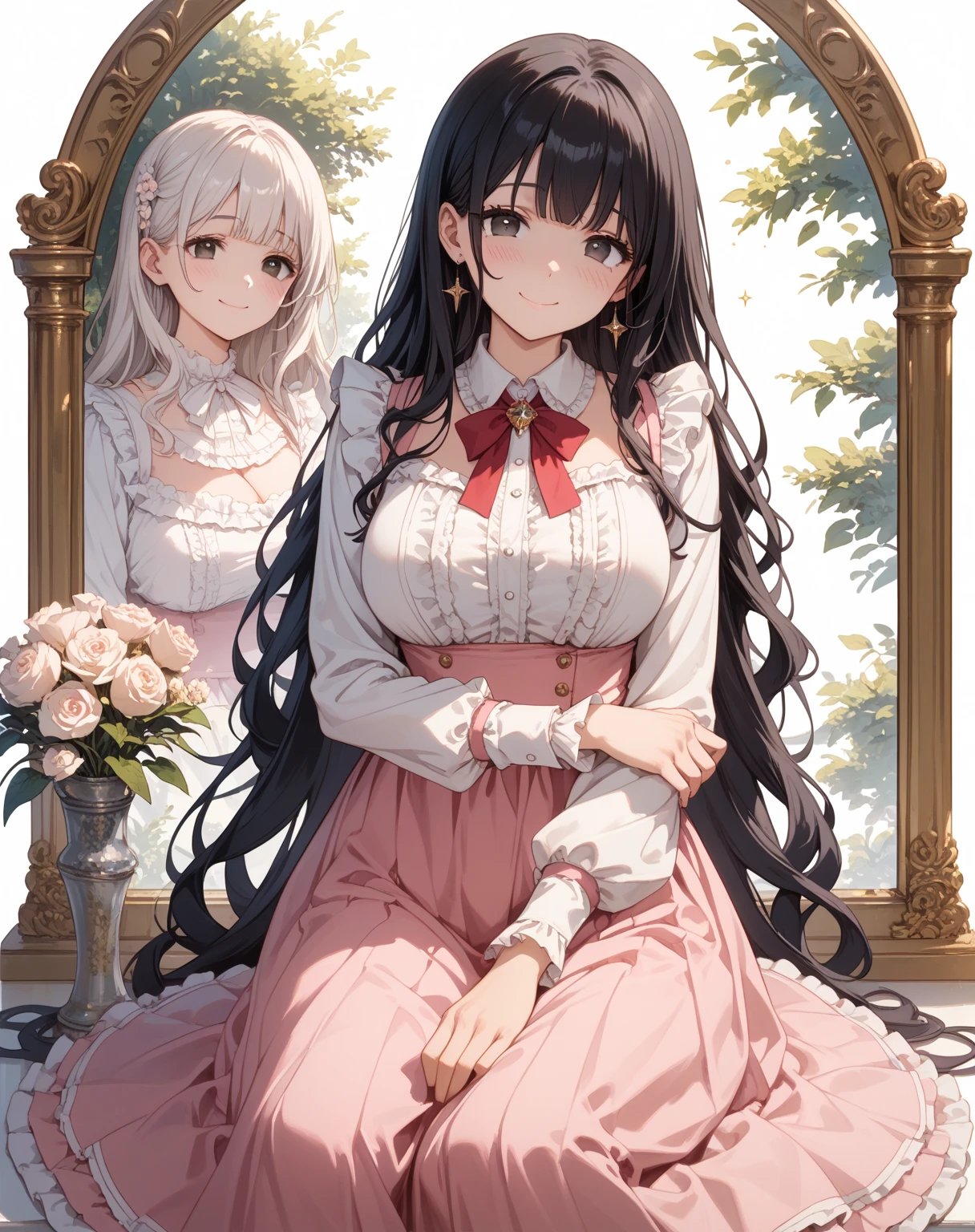 One Woman、One Man、The man is looking up her skirt、Beauty、Florist、All around me are flowers、淫乱Florist店員、Floristの店員、Age 25、flare skirt、Loose and fluffy long hair, Highest quality, Focus on the thighs, smile, panties、Plump thighs、Big Ass、Big 、 Black Hair,My thighs are steaming between the legs 、Sweaty knee-high socks、Angle from directly below、Waiting for a bouquet、apron