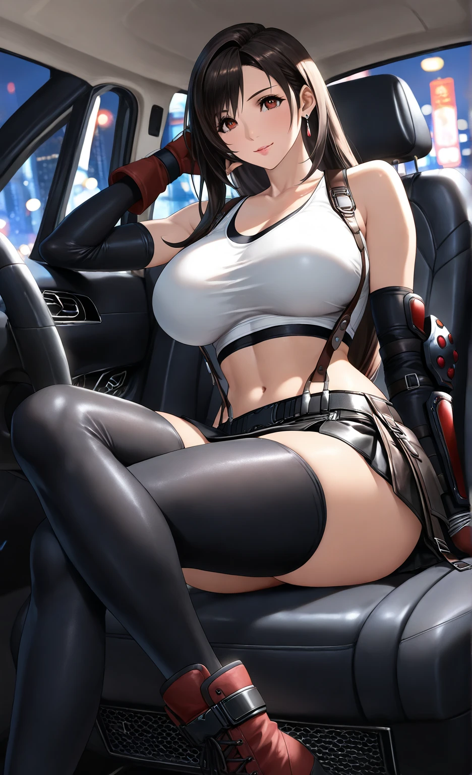 (8k, best quality, masterpiece:1.2), (realistic, photo-realistic:1.37), ultra-detailed, 1 girl,cute, solo, (tifa lockhart), (huge breasts),(beautiful detailed eyes), (smile:1.2), (closed mouth), erotic pose, dancing, neon lights, cityscape, depth of field, dark intense shadows, sharp focus, cars, motion blur, motor bikes, depth of field, good composition, green glowing light, Final Fantasy VII, dating,(nose blush), single elbow pad, ankle boots, black hair, black thighhighs, red boots, elbow gloves, elbow pads, fingerless gloves, taut shirt, sports bra, (suspender black skirt), thighhighs, white tank top, full body, head rest, lips, pretty face, low-tied long hair, ((red_eyes)), yellow flowers, (night:1.3), intricate, bokeh, cinematic lighting, photon mapping, radiosity, physically-based rendering, (Tetsuya Nomura style), nsfw, perfect breasts