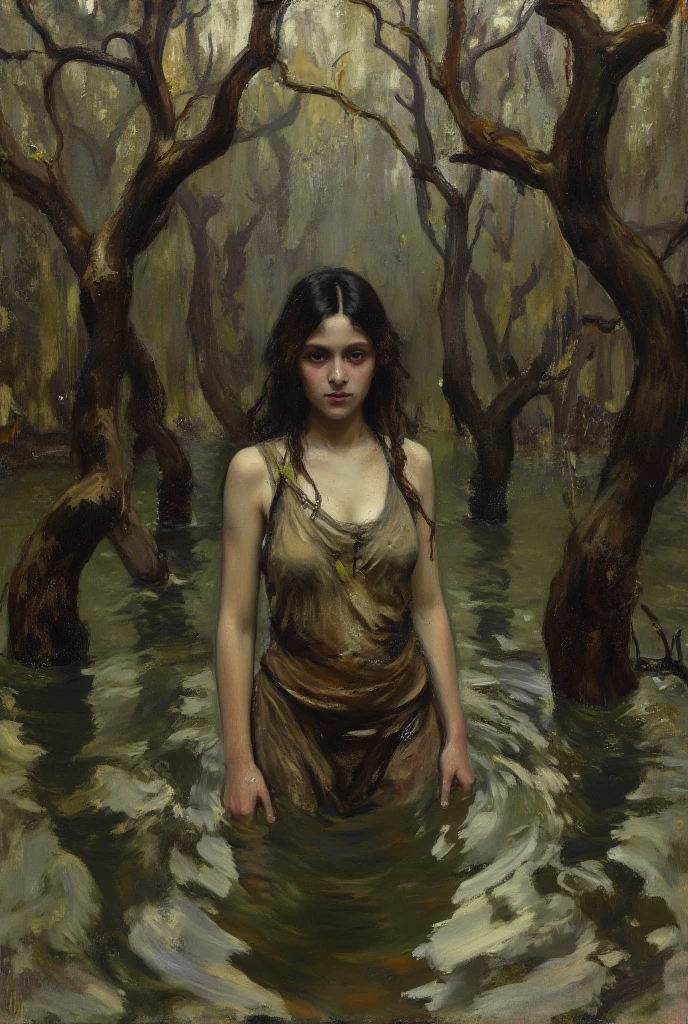 a sacrificial virgin woman, distressed expression, flower body decorations, beautiful detailed face and eyes, long eyelashes, airy sheer white dress, chained ankles, on a sacrificial nook on a cliffside, an eldritch beast with a slime blob body and many mouths approaching, dramatic lighting, dark moody atmosphere, cinematic composition, fantasy, dark fantasy art, muted color palette, chiaroscuro lighting, photorealistic, highly detailed, masterpiece