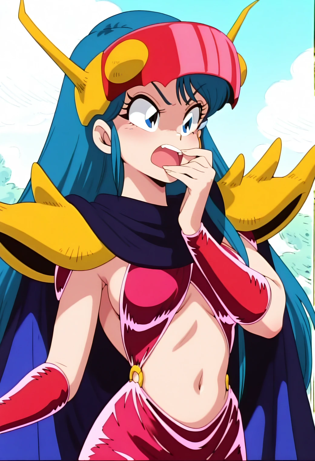 lum, superhero costume,, standing,, boots, oni, smile,, full body, sentai, bikini, horns, curvy, big breast, open mouth teeths, fangs