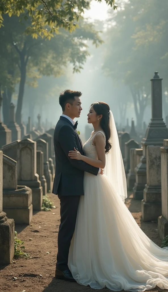 A young couple sit beneath a tree in a cemetery the woman has blonde hair and blue eyes. She wears a black regency era dress and a black bonnet with a bird on it. The man wears an olive green regency era suit. There is a cello leaned against the tree they sit under