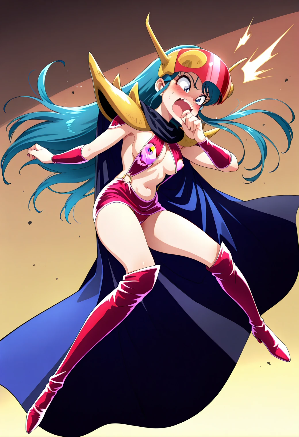 lum, superhero costume,, standing,, boots, oni, smile,, full body, sentai, bikini, horns, curvy, big breast, open mouth teeths, fangs