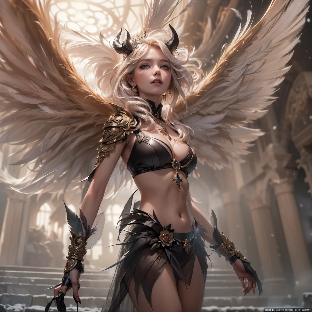 a beautiful angel with wings, a powerful dark demon, fantasy, surreal, (best quality,4k,8k,highres,masterpiece:1.2),ultra-detailed,(realistic,photorealistic,photo-realistic:1.37),dramatic lighting,chiaroscuro,dramatic contrast,cinematic,muted colors,moody,dark and light,dramatic pose,intricate details,volumetric lighting,detailed texture