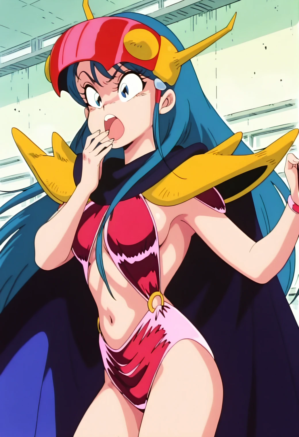 lum, superhero costume,, standing,, boots, oni, smile,, full body, sentai, bikini, horns, curvy, big breast, open mouth teeths, fangs