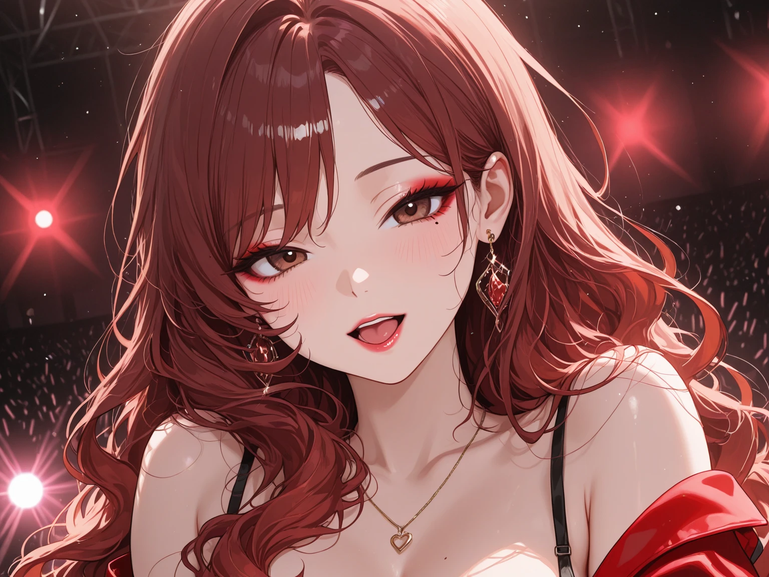 (masterpiece, top quality, very aesthetic, 4k、illustration), intricate detail, 1woman,solo,contrapposto 、(gradient eyes、tareme)、Strong glowing eyes、parted bangs,Fair skin,(upper body)、Cool women、Cleavage、 smile、(red lipstick),beautiful face、(gradient hair)、(dark red hair)、(messy hair),sidelock ,parted bangs,red eyes、halter top Victorian Dress、large breasts、slender 、