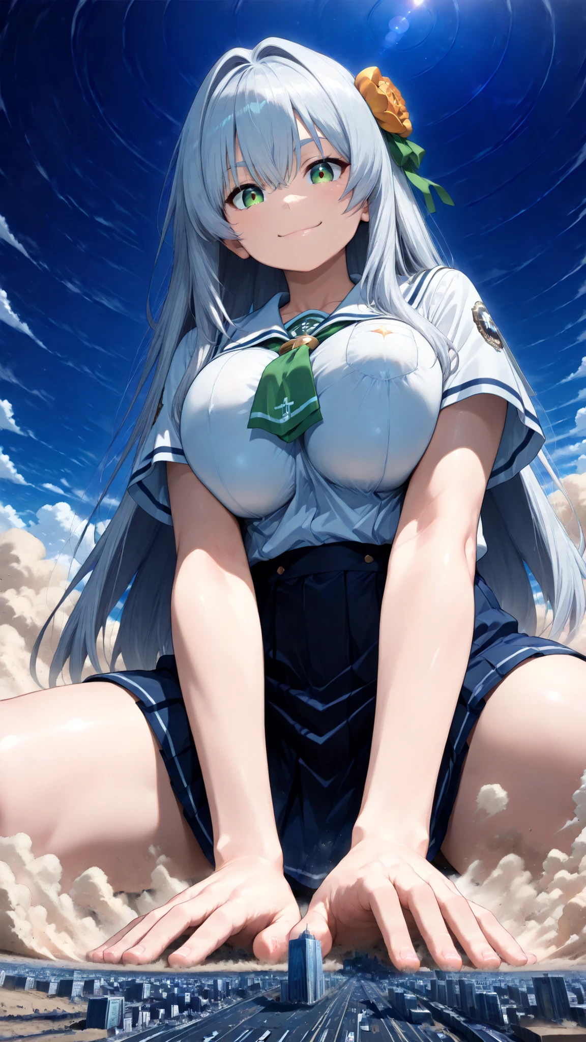 ((face lying on the ground super close hand closest big boobs close)), 1girl, solo, (very super big boobs, A woman's moisturized body, beautiful skin, Rin々Shikumo has a cute smile, Smile), (((super yotta over size giantess:1.4))), ((An extremely detailed ultra-micro city, collapsing city, Dust cloud)), Outdoors(An angle shot of a giant woman from directly below:1.3), (Super quality Best masterpiece, Highest image quality, super high resolution, Super precise art quality), best quality, The sky is high,
((accurate 3Point perspective drawing, Very Accurate Perspective)), ((Ultra-wide field of view, the closer the more huge depiction, The unique depiction of depth of field of an ultra-wide-angle lens)), (Rubble Mountains, Tsuchi-Tsunami, The ground rolls up), ((An even more gigantic, impactful depiction of a giant woman with devastating power:1.5)),