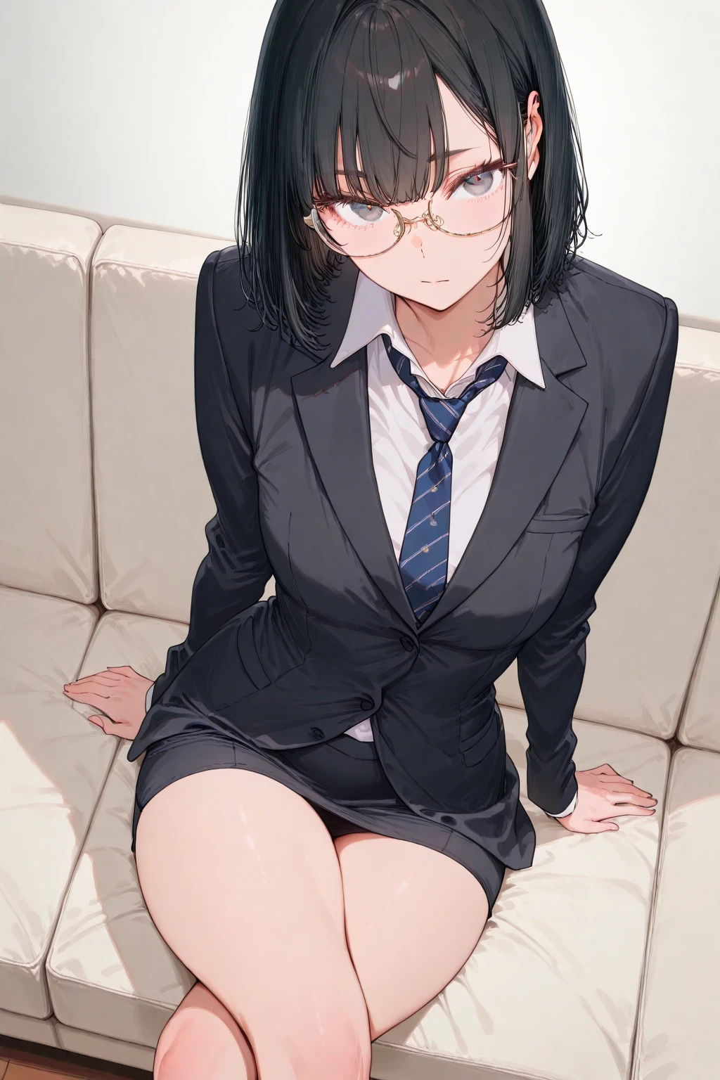 masterpiece, ultra detailed, 8k portrait, RAW photo, portrait photography, highly detailed face, 1 woman, (((((sitting and spread legs))))), 33 years old, (((((tall))))), (((small eyes))), glasses, (((black very short cut hair))), (((hair over one eyes))), (((white skin color))), (((((black lapel vest with put on a black cardigan))))), (((((long skirt))))), (((black pantyhose))), (((pumps))), Midday Sun, hyper realistic, Body model, Small breasts, Beautiful breasts, (big butt), (thick thighs), Long legs, in the office room, Ambient lighting, Shadow details, Camera focus on face, strong breeze, Light fog, (((((ultra thin))))) thong panties, (((stained panties, pussy juice stain))), cameltoe, (((pussy are visible))), from below