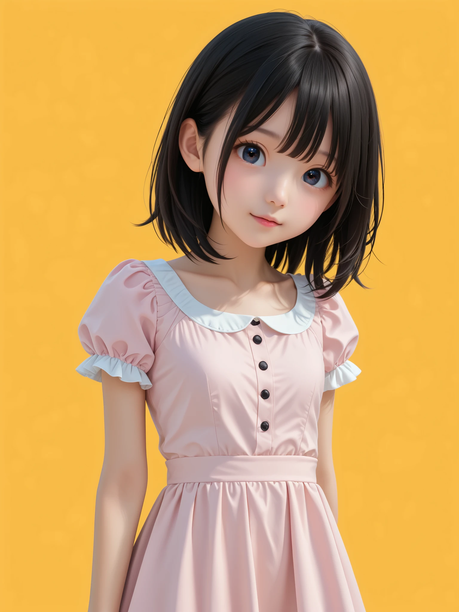 (Masterpiece), (Highest resolution: 1.4), (Highest quality: 1.4), (Highly detailed texture: 1.5), (Sharpness: 1.6), Highly accurate human anatomy, Black hair, Medium length hair, (Small cute girl, Small cute figure, Small height), (Perfect face, Small detailed eyes), Simple and detailed background, Cowboy shot,