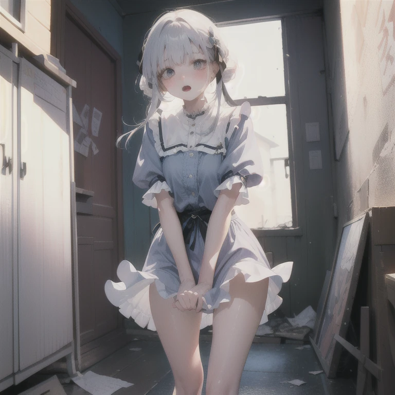 The white-haired loli was half-kneeling in the toilet,Tie a chain around her neck