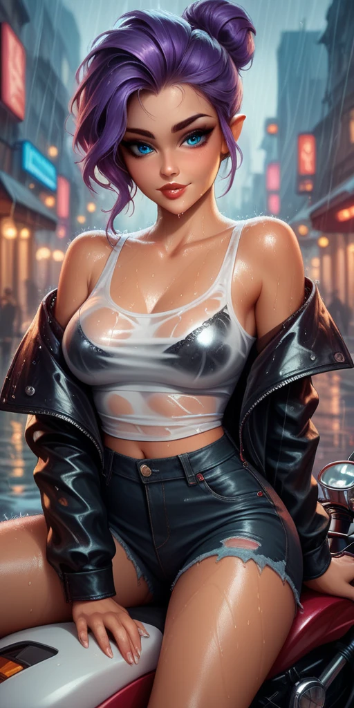 girl dancing,(((1girl))),((girl with extremely cute and beautiful hair)),
(large breasts:1.4),(((brown hair:1.35,braids))),(((eyes_blue:1.3))),intricate eyes,beautiful detailed eyes,symmetrical eyes,((fat)),((((lustrous skin:1.5,bright skin: 1.5,shiny skin,very shiny skin,shiny body,plastic glitter skin,exaggerated shiny skin,shiny skin like ebony,illuminated skin,wet legs))),(spider lower abdomen,narrow waist,wide hip,athletic body,inflated legs, thick thighs,detailed body,(detailed face), toned abs),
cute,slutty,seductive,erotic,(nsfw),
cargo pants,revealing clothing,show skin,((underpants strap)),(((glasses))),((wet clothes,intricate outfit,intricate clothes)),
(dynamic pose:1.0),((happy)),(centered,scale to fit dimensions,Rule of thirds),
cyberpunk city by the ocean at night, with bright neon signs and dark stormy clouds and puddles, scenery:1.25,nighttime, starry night, cosmos,Very dark night that makes the neon lights stand out, very bright neon lights,nighttime, starry night, cosmos,
artistic photography,(photography taken by sldr),highres, sharp focus,(ultra detailed, extremely detailed), (photorealistic artwork:1.37),(extremely detailed CG unity 8k wallpaper),((synthwave background theme)),(((vibrant colors))),intricate,(intricate background),(masterpiece),(best quality),perfect rendered face,perfect face details,realistic face,photo realistic,analog style,((intricate detail)),(((realism))),