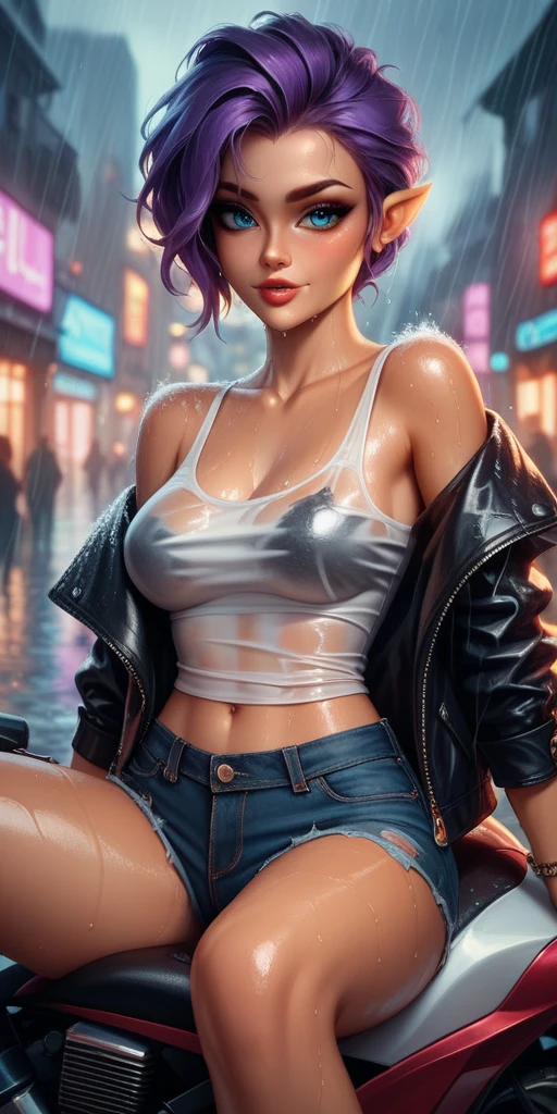 cute girl,(((1girl))),((girl with extremely cute and beautiful black hair)),
(large breasts:1.4),(((black hair:1.35,colored inner hair,ear breathing,large hair,tomboy haircut))),(((blue_eyes:1.3))),intricate eyes,beautiful detailed eyes,symmetrical eyes,((fat)),((lustrous skin:1.5,bright skin: 1.5,skin tanned,shiny skin,very shiny skin,shiny body,plastic glitter skin,exaggerated shiny skin,illuminated skin,wet legs))),(spider lower abdomen,narrow waist,wide hip,athletic body,inflated legs, thick thighs,detailed body,(detailed face)),
cute,slutty,seductive,erotic,(((nsfw))),
((((glasses)))),(((wearing white formal blazer,black formal pants,))),(((huge cleavage))),((wet clothes,intricate outfit,intricate clothes)),
(dynamic pose:1.0),solo focus,embarrassed,(centered,scale to fit dimensions,Rule of thirds),
cyberpunk city by the ocean at night, with bright neon signs and dark stormy clouds and puddles, scenery:1.25,nighttime, starry night, cosmos,Very dark night that makes the neon lights stand out, very bright neon lights,nighttime, starry night, cosmos,
artistic photography,(photography taken by sldr),highres, sharp focus, (ultra detailed, extremely detailed), (photorealistic artwork:1.37),(extremely detailed CG unity 8k wallpaper),((synthwave background theme)),(((vibrant colors))),(intricate background),(masterpiece),(best quality)