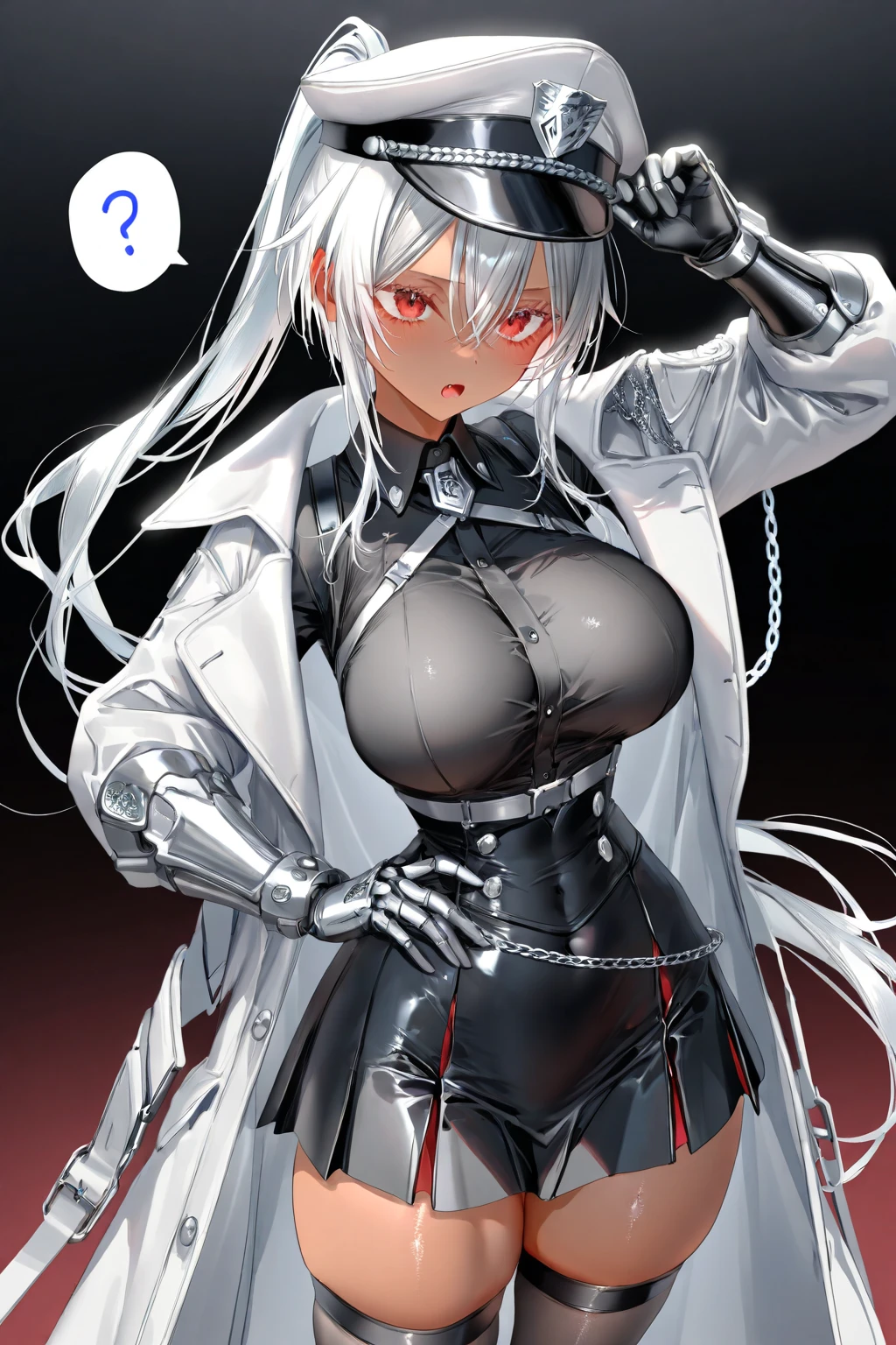 Adult woman, short white hair, high ponytail, blue eye color, White luxury jacket, pants, open breasts, cum on tits, nipples, blue lipstick,smile, Masterpiece, hiquality
