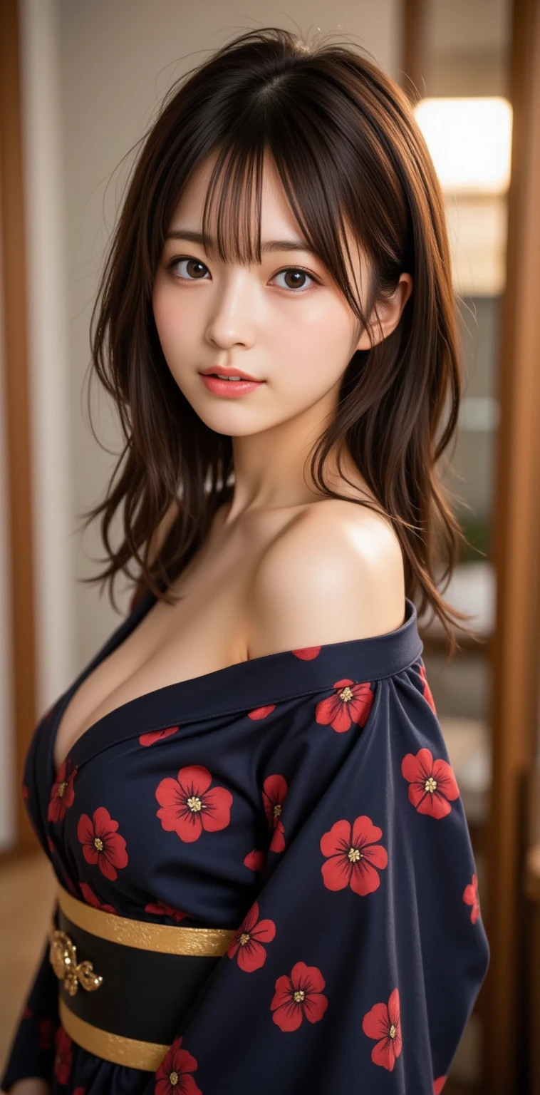 (8K、RAW Photos、top-quality、​masterpiece:1.2)、(realisitic、Photorealsitic:1.37)、(1girl in)、(Taiwanese)、25-years old、femele、deep in the night、Bedrooms、high key lighting、Studio Lighting、face lights、photon maping、、Red hair、Random hair、Detailed face、Detailed lips、detailedeyes、More skin、Double eyelids、(Wow huge:1.9)、(Kimono、jpn)、(Floral kimono)、(Wearing a kimono)、 Hide with kimono、Exposed cleavage、exposed shoulder、Chubby belly、A little fat、thick waist、thick thight、(cammel toe)、shinny skin、(sweat drenched body:1.4)、smirking face、((Lying in bed))、model poses、Make eye contact with the camera、Condescending look、sugestive eyes