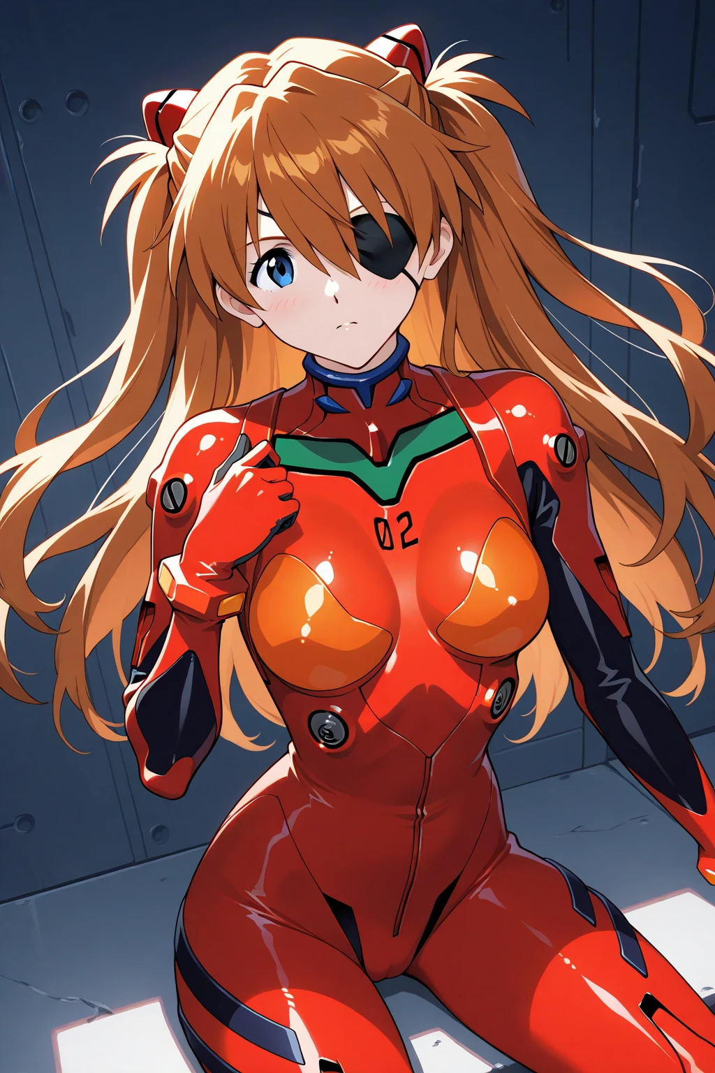 1girl, souryuu asuka langley, neon genesis evangelion, big breasts, red plugsuit,impossible croptop,underboobs,sleeveless,standing at the entrance of a futuristic room. She is positioned with her back to a sliding automatic door., looking down, looking at viewer, masterpiece, best quality, very aesthetic, absurdres,