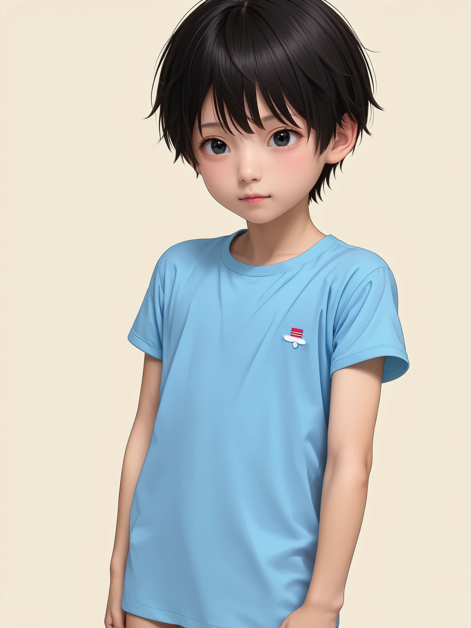 (Masterpiece), (Highest resolution: 1.4), (Highest quality: 1.4), (Highly detailed skin texture: 1.5), (Sharpness: 1.6), Highly accurate human anatomy, Black hair, Very short hair, (Small cute Boy, Small cute physique, Small height), (Perfect face, Perfect eyes), Simple and detailed background, Cowboy shot,