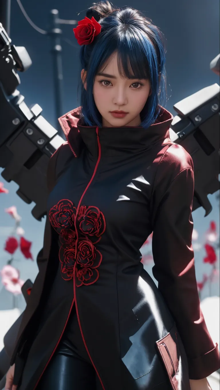 1girl, (8k, RAW photo, best quality, masterpiece:1.2), (ultra highres:1.0),detailed illustration, (real person,fashion photography portrait,photograph), detailed, detailed beautiful skin, (realistic, photo-realistic:1.37), konan akatsukiNS, solo, professional lighting, black dress), village, east asian architecture, trees, village hidden in the leaves background,looking_at_viewer, smile,blue hair,blue eyes,mitain,toeless footwear,kunai,facial mark,konohagakure symbol,fighting_stance,fence,ninja,adjusting gloves,sleeveless,cleavage, very big breasts