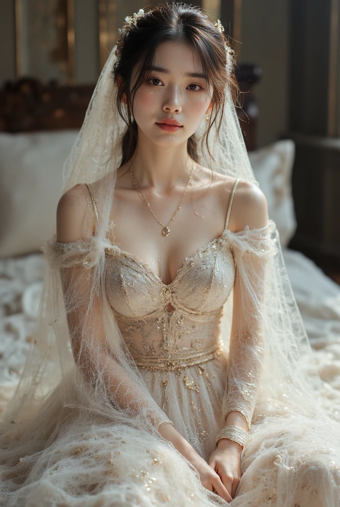 (Highres), (Detailed Illustration), Ultra-Detailed, masterpiece, (masterpiece, best quality),(depth) of (field), lilliana, hat,veil, 1girl, long_hair, brown_hair, white_clothes, ornaments, long_sleeves, church, blue_eyes,large_breasts, cleavage Chubby, Plump, revealing dress, silver dress, on all fours, adult