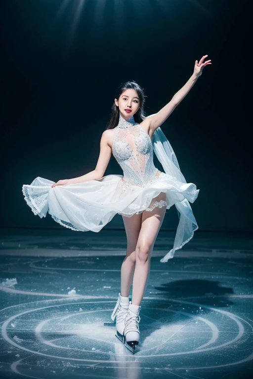 Smile expression. Generate costumes for figure skaters dancing on ice. Give this image snow-white feathers and sparkling Swarovski crystals. Next, Add a skate dress designed to emphasize the lines of the body, Especially the hips and legs, Eta、Give the skirt a special touch with feather accents. Accessorize more with a gold headpiece, Transparent beaded necklace and matching rings or earrings. Finally, Bright makeup and sparkling eyeshadow、Complete the atmosphere of figure skaters shining on the ice. Dynamic Poses: Posing that reproduces triple axel and toe loop jump, Or、Pose during a spin to show the figure skater's grace and movement. location: Large skating rink in the center of the ice castle. The castle is surrounded by glowing ice statues and waterfalls, A huge crystal chandelier hangs in the center of the skating rink. This location is、There is a beautiful and magical atmosphere that complements the figure skating cosplay and its dynamism.