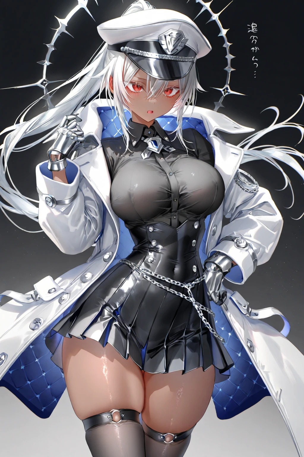Adult woman, short white hair, high ponytail, blue eye color, White luxury jacket, pants, open breasts, blue lipstick, ssmile, Masterpiece, hiquality