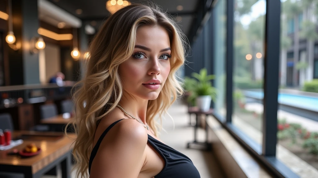 Blonde beautiful hip girl in restaurant