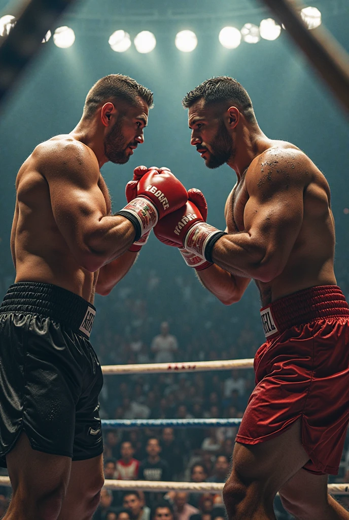 A gay LGBT homosexual gigachad vs a gigachad fighting in a very epic boxing ring. The gay gigachad has LGBT tattoos and LGBT pants and looks like a femboy.