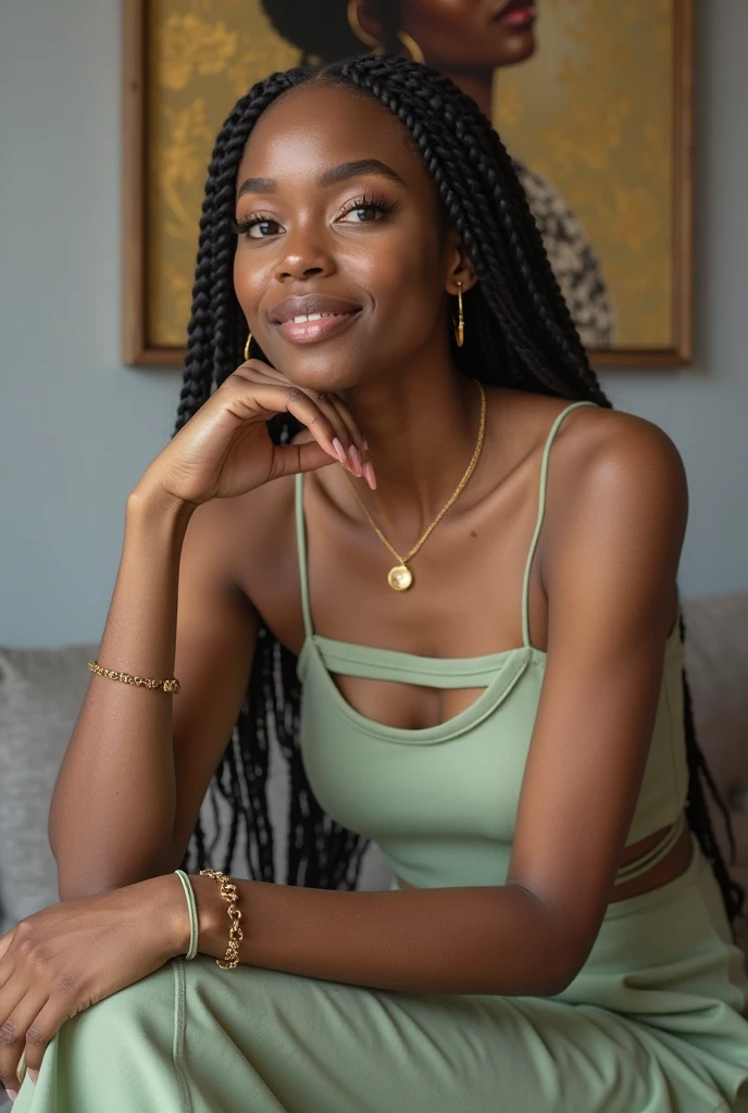 A closeup of a woman sitting on a stool with her hand on her chin, Maria Borges, Malika Favre, imagem vazada, suave em _ O pano de fundo, photo shoot, com pele parda, mulher jovem negra, foto vazada, Directed by: Emma Andijewska, perfeitamente equilibrado, linda senhora, jovem mulher negra
