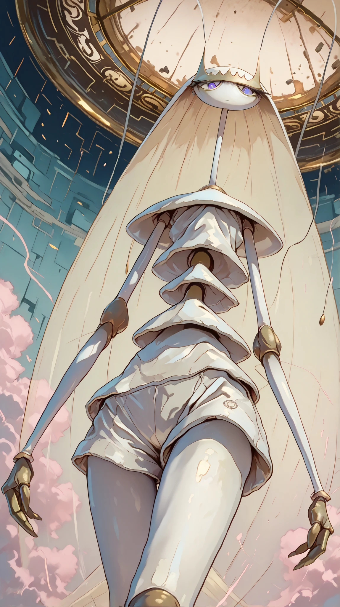 Pheromosa from Pokemon, White Body, (steam
punk), Thin Waist, Very Thin Waist, Wasp Waist, Solo, Aerial View,vibrant colors, cel shading, Simplistic Art Style, looking at viewer, solo,((action:1.2)),((battle))