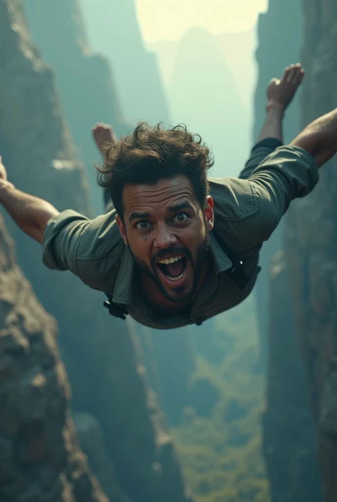 generate a man hanging of the cliff with scared face realistic