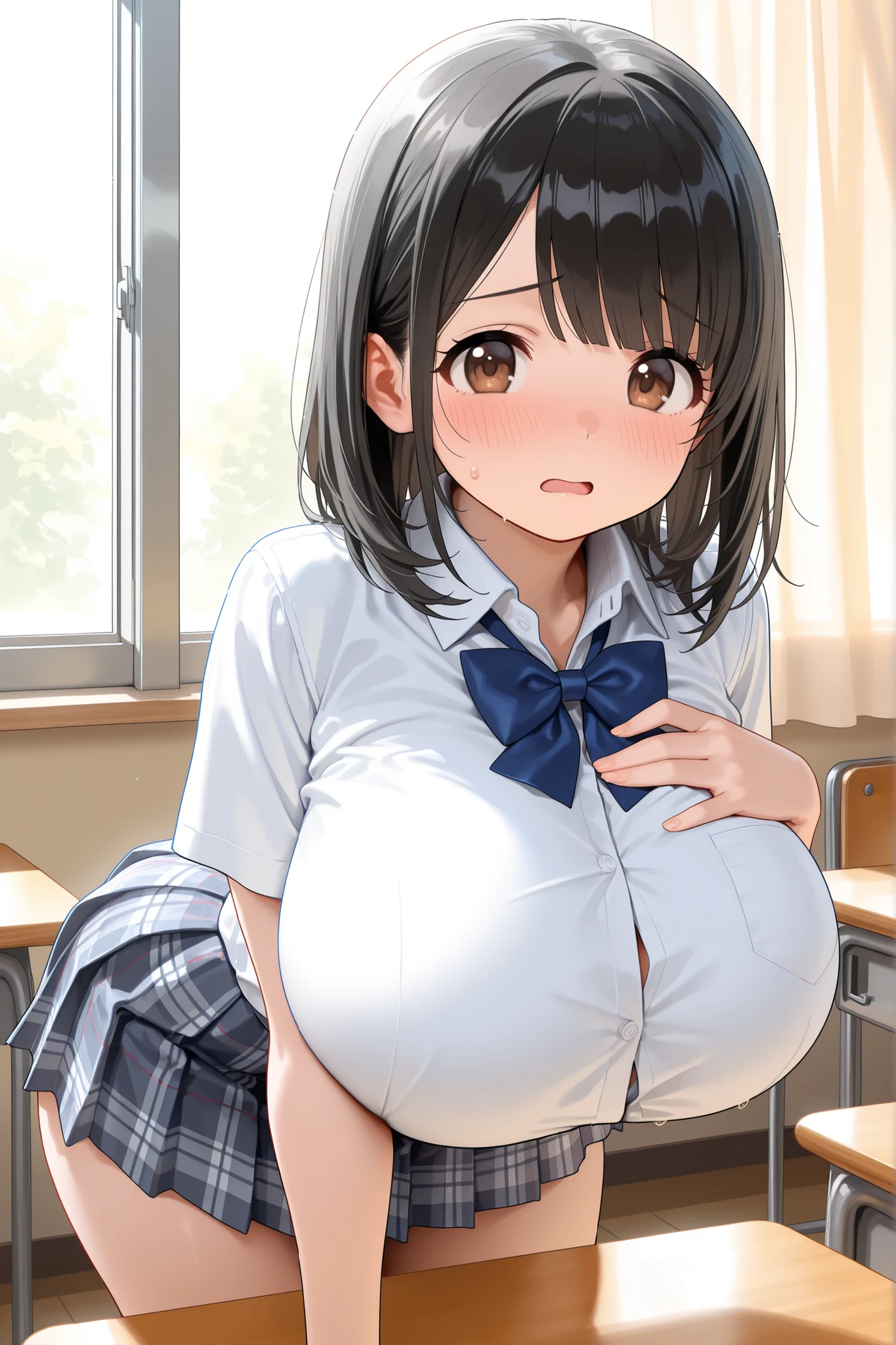 masutepiece、​masterpiece、top-quality、ultra-detailliert、hight resolution、hight resolution、8K Portrait、Unity 8k壁紙のhigh-detailCG、Unity 8k壁纸、Cute little:1.5、Lori:1.5、Highly detailed CG Unity 8k wallpaper、逼真、realperson、Cute little、 Portrait photos、shinny skin、high-detail、(sixteen years old:1.2)、(女の子1人)、Beautiful clear eyes、Ultra-fine depiction、delicated face、Lovely lips、skinny  body、Big breasts thin waist、Thin leg、(school classrooms:1.6)、 1girl in, Cute, Perfect face, Seriously, (blush:1.5), Big breasts,((School Uniforms:1.2)),(((Clothes lift:1.5))), (((Nipples))), Detailed description vagina,Show vagina,Spread legs,spreading pussy,((cum in vaginas:1.5))