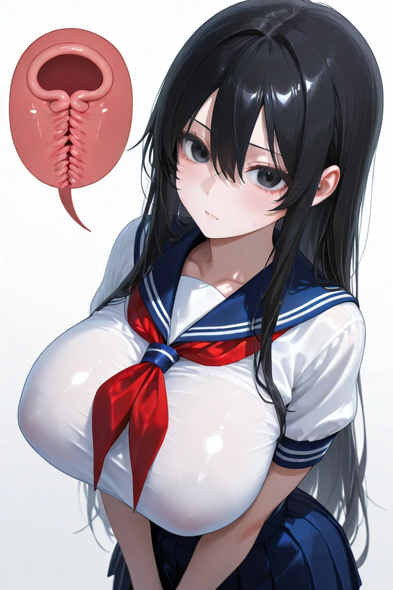 (masterpiece, best quality), front shot, 1girl, kawaii, (super big breasts, micro waist, very long legs:1.3), Black hair, (medium hair), short height, scrawny and thin body, tiny cute face, overjoyed, serafuku, pigeon-toed, wet and sweaty, big visible ribs, sex with big ugly man, ejaculating super big penis, Cowgirl position, V sign, Trembling