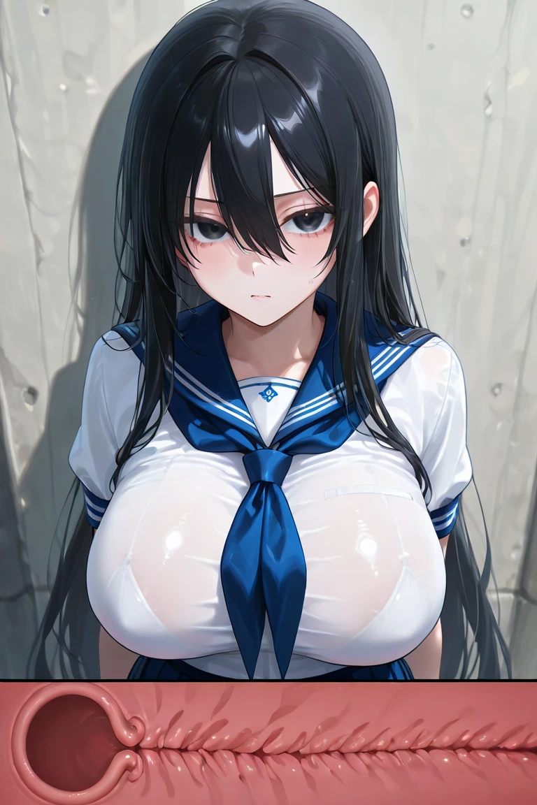 highest quality,wonderful,finely,extremely detailed CG Unity 8K wallpaper, (1 girl,black hair, blue eyes,double bun), (gigantic breasts:1.2), (Sailor swimsuit:1.1), (open mouth:1.2), (long tongue:1.2), (mouth drool:1.2),(zettai ryouiki:1.2)
