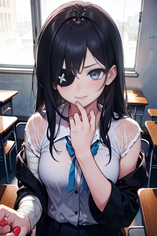 Una chica de estatura baja, black short hair, his hair covers half his face, (baggy eyes), manos perfectas, sin errores (down to the last detail)ojos cansados, uniforme escolar, falda larga, camisa Oxford blanca, pechos enormes, big oppai, huge breasts, parada en un pasillo de una escuela, ojos con ojeras, ojos de cansancio, ojeras visibles, 