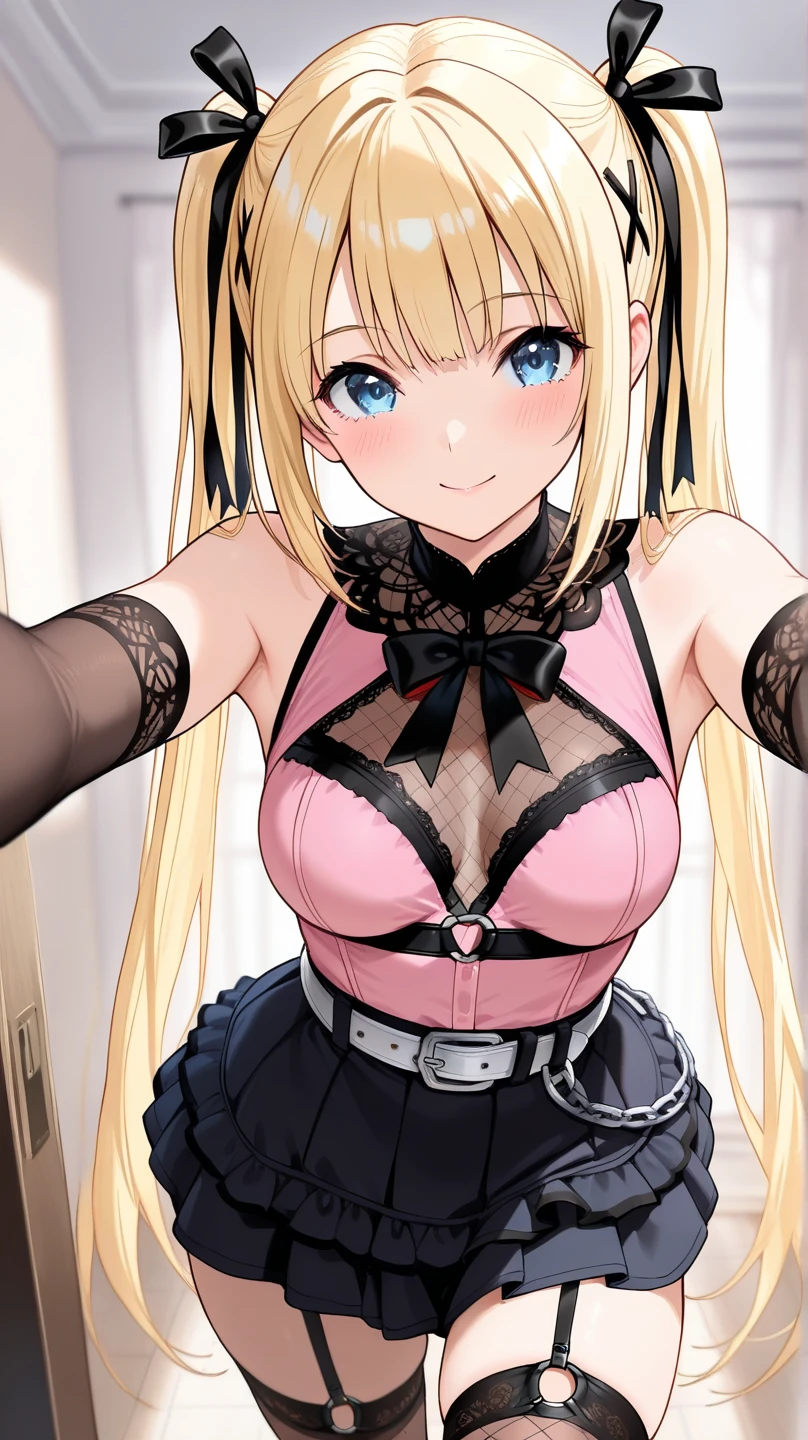 masterpiece, best quality, 1girl,blonde hair,Sui, (finely detailed heart shaped pupils and detailed face),,cowbody shot,lovestruck,extremely detailed picture unity 8k wallpaper,solo,(latex maid costume:0.9),glamour body,seductive smile,latex thighhigh