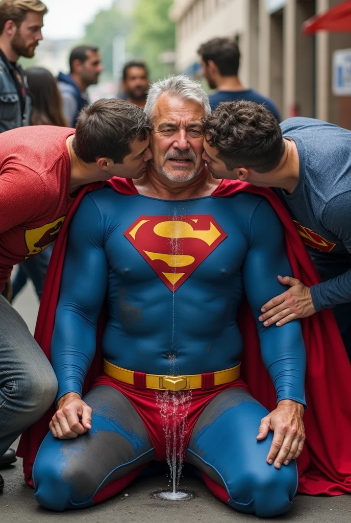 photo realistic,1980s, luxurious shower room, gay, bara, 2men, two men naked,Batman and his old butler, Batman (wearing Batman mask only,hairy body, many old scars) with a childlike smile hugs his beloved old man Alfred (white hair, white body hair, tall slim muscular) chest and licks it with his tongue, slim tall Alfred hugs him with a smile and gently strokes Batman's head, erection, penis, Batman's small penis, the old man's large penis