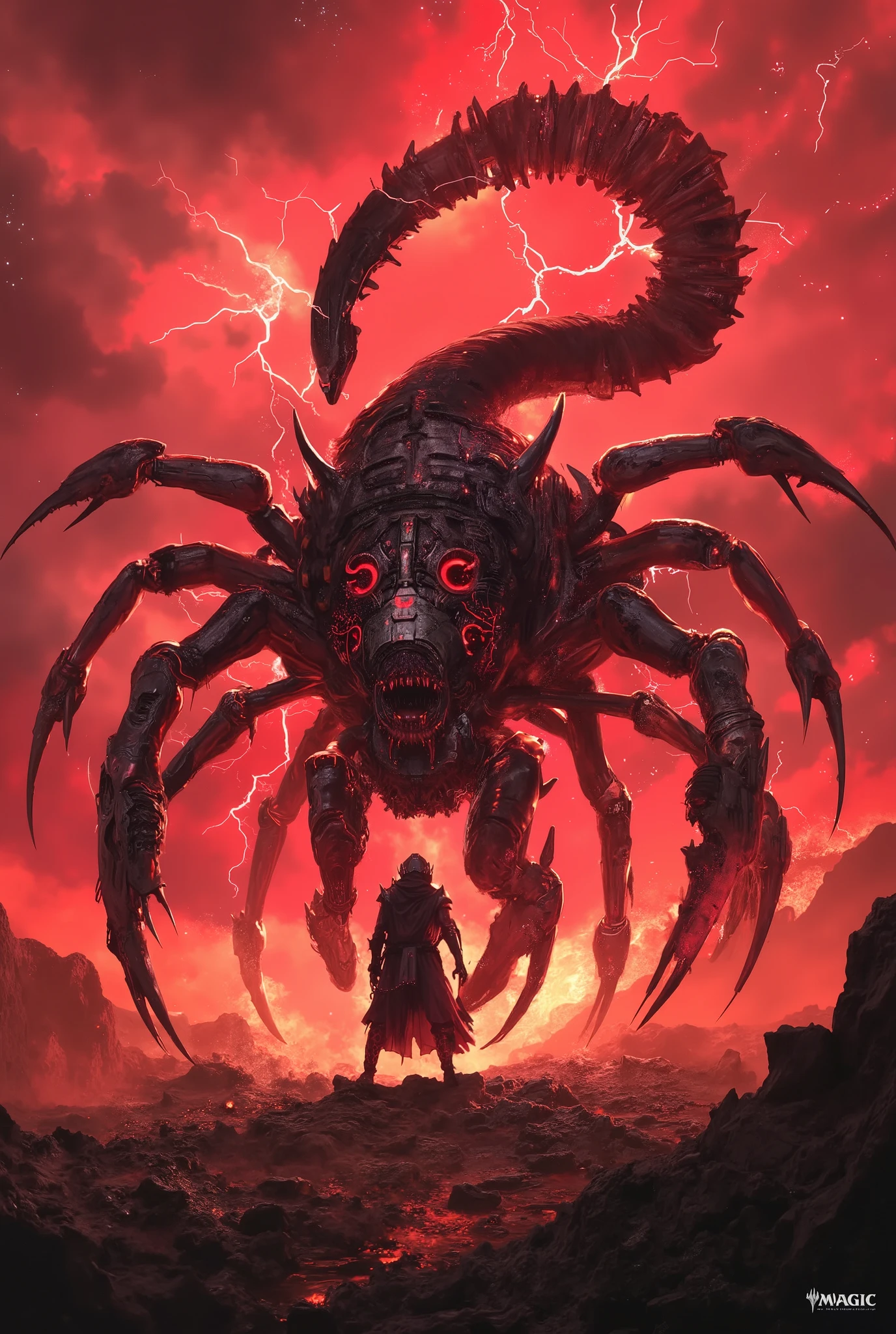 A scorpion-type powered exo-suit warrior clad in obsidian armor, with glowing magma-like cracks and massive pincer arms, a segmented tail with a venomous mechanical stinger arched over his back — standing in the ruins of a scorched battlefield, under a stormy crimson sky, electric sparks crackling through the clouds — epic fantasy card illustration, ultra-detailed, sharp design, in the style of Jun Suemi and Greg Rutkowski, for a high-level Magic: The Gathering legendary artifact creature, dark and majestic atmosphere