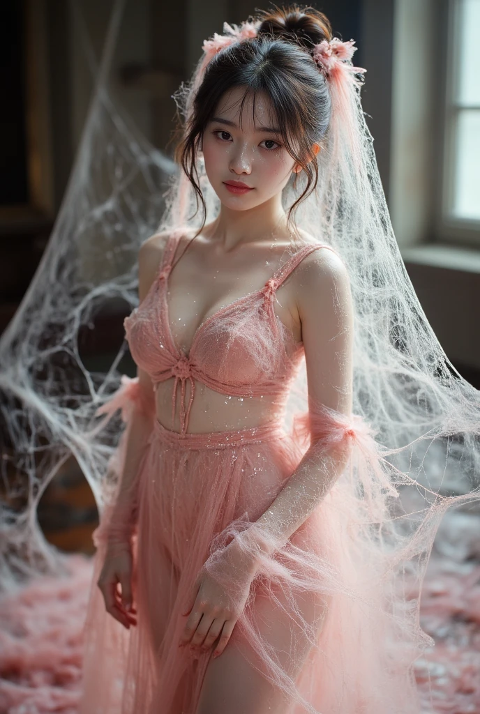 a woman entangled in the spider's web, cobweb,she's wearing a pink long ruffled satin nightgown