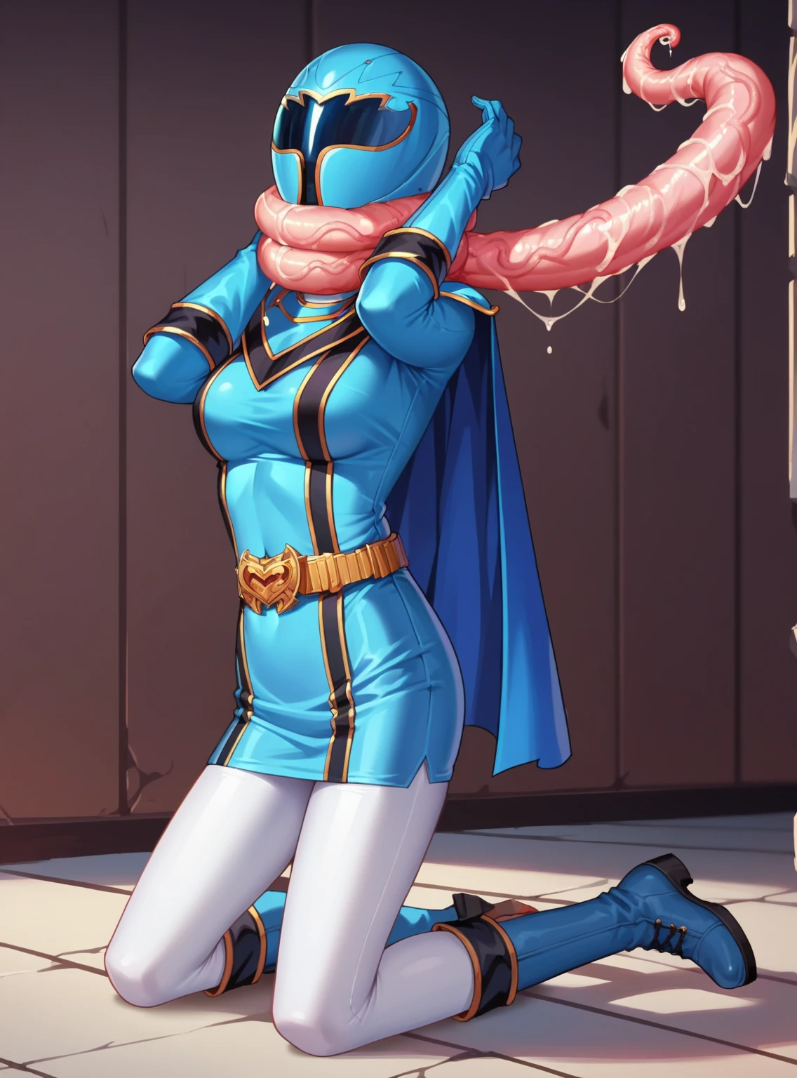 (Best Quality, masutepiece, Raw photo,Ultra-detailed:1.2), 1girl in, Solo, Looking at Viewer, ((Hurricane Blue costume, Belt bag, gloves, helmets, Blue Spandex Vest, Sunglasses, Blue Boots, Blue skirt, Gray leggings, white gloves)), Large breasts, (((Spread legs:1.1))), NSFW, choking, Squat posture, close up, lowerbody,There's a dick growing in my crotch,The erection,giant root