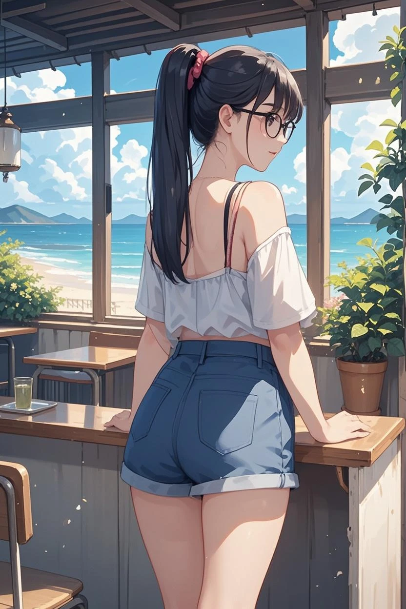 High resolution, high quality, One girl, Anime Girls,Brown long hair, Brown eyes, Pink Glasses,heart shaped pupils,Sunburned skin, Large Breasts,beautiful breasts,pointy breasts,(Big Ass),beautiful ass,Embarrassed,Tank Top,denim shorts,Back Pose,lower body,sweat,wet,squatting,open legs,cherryblossom,at cafe,(lemon juice),(orange juice),(Pineapple juice),(Mango juice),(water),